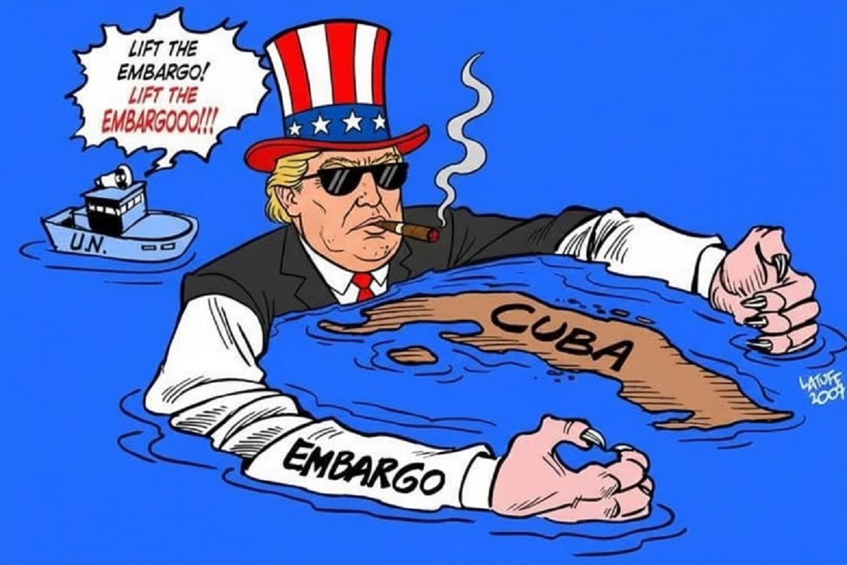 En la foto, una imagen con Trup rodeando a la isla y la ONu pidiendo el fin del embargo