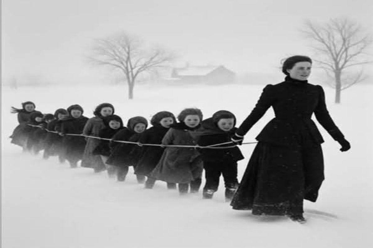 En la foto, la maestra Minnie Freeman con sus niños en medio de la tormenta