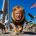 En la foto, buitres y hienas se espantaan al paso de un león con el rostro de Trump por la Plaza de la Revolución