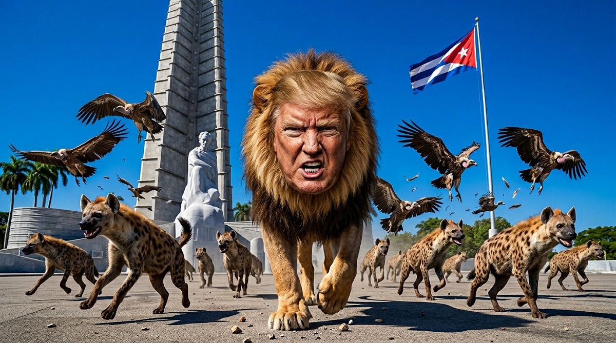 En la foto, buitres y hienas se espantaan al paso de un león con el rostro de Trump por la Plaza de la Revolución