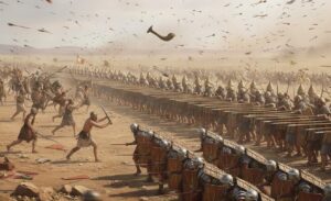 En la foto, imagen de AI de una batalla en la antiguedad