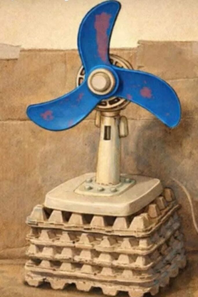 En la foto, un ventilador viejo sobre unos cartones de huevo