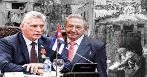 En l delante de una Habana destruidaa foto un montaje de Díaz-Canel y Raúl Castro