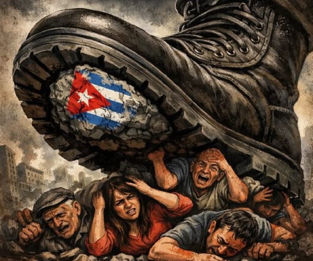 En la foto, una imagen de AI en la que una bota pisa a los cubanos