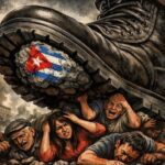 En la foto, una imagen de AI en la que una bota pisa a los cubanos