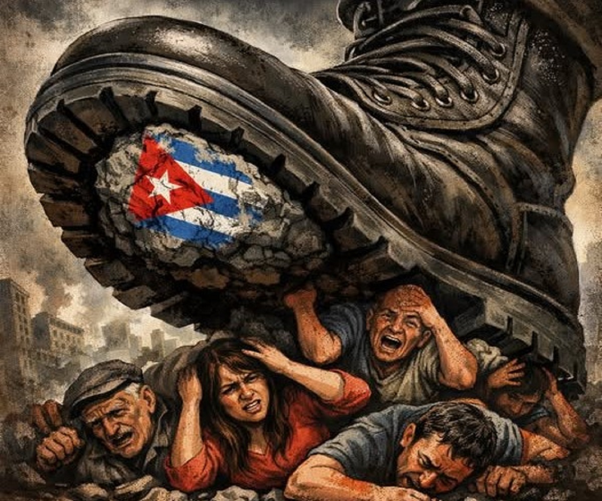 En la foto, una imagen de AI en la que una bota pisa a los cubanos