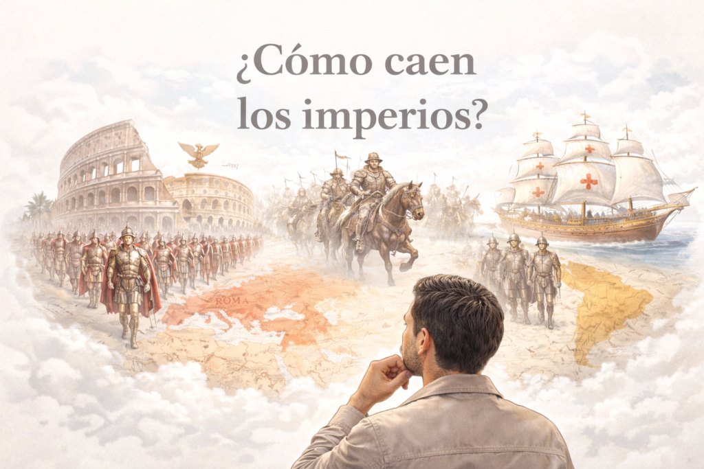 Hombre realista observando ilustraciones del Imperio Romano, Mongol y Español con el título “¿Cómo caen los imperios?” sobre un fondo claro