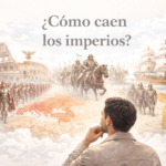 Hombre realista observando ilustraciones del Imperio Romano, Mongol y Español con el título “¿Cómo caen los imperios?” sobre un fondo claro