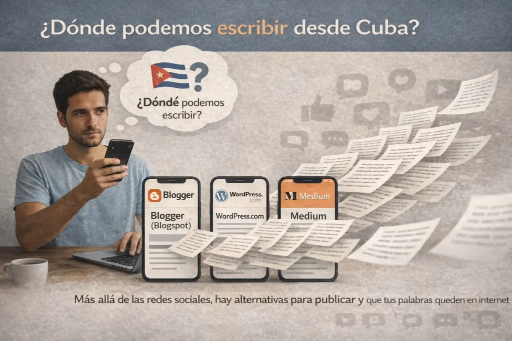 Infografía horizontal sobre publicar en internet desde Cuba, con un cubano pensando dónde escribir y mostrando Blogger, WordPress.com, Medium y Substack como alternativas a las redes sociales.