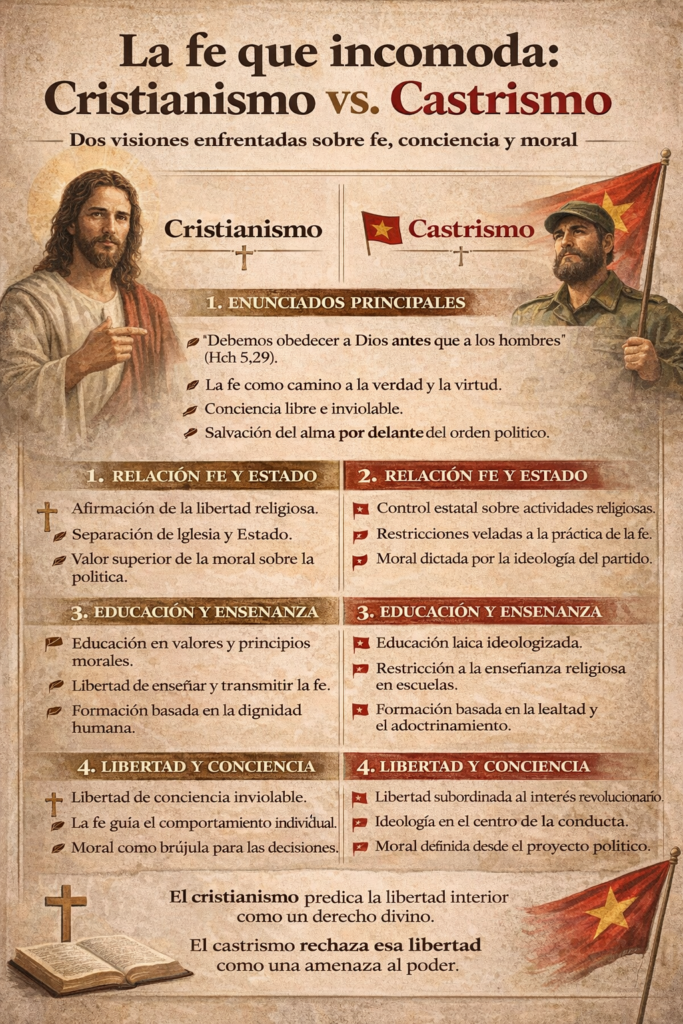 Infografía titulada “La fe que incomoda: Cristianismo vs. Castrismo” que compara ambas visiones en temas como fe, relación con el Estado, educación y libertad de conciencia, en dos columnas enfrentadas.