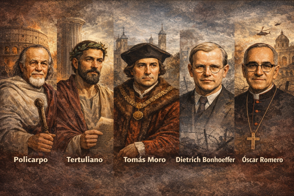 Ilustración horizontal con cinco figuras históricas cristianas —Policarpo, Tertuliano, Tomás Moro, Dietrich Bonhoeffer y Óscar Romero— representadas en distintos contextos históricos, desde la Roma antigua hasta el siglo XX.