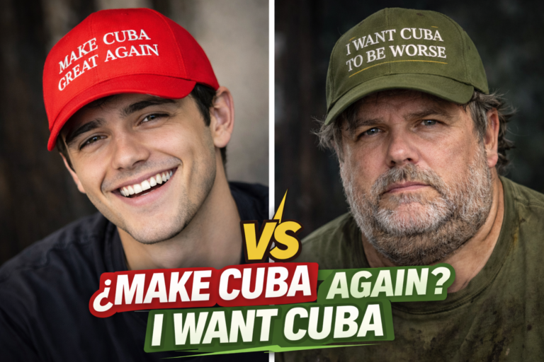 Primer plano comparativo tipo “VS”: a la izquierda, un joven sonriente con gorra roja que dice “MAKE CUBA GREAT AGAIN”; a la derecha, un hombre mayor, serio y desaliñado, con gorra verde que dice “I WANT CUBA TO BE WORSE”, con un gráfico llamativo de enfrentamiento en el centro.