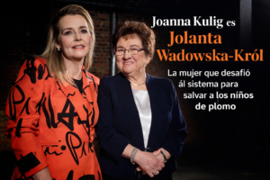 Joanna Kulig junto a Jolanta Wadowska-Król en una imagen promocional de la serie Los niños de plomo, con titular sobreimpreso destacando su interpretación.