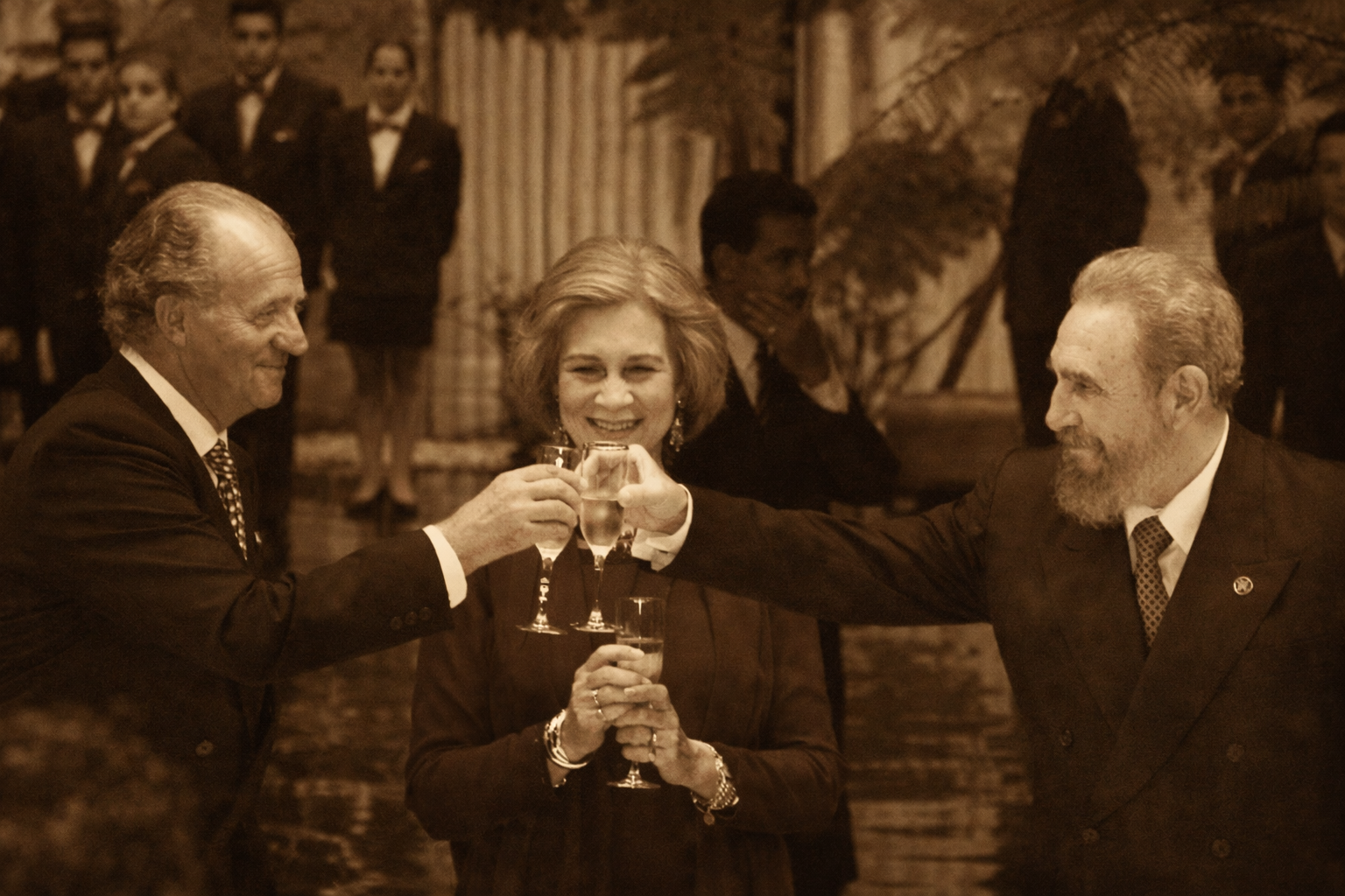Fotografía en tono sepia del rey Juan Carlos I, la reina Sofía y Fidel Castro durante un brindis oficial. Juan Carlos, a la izquierda, y Fidel Castro, a la derecha, chocan copas de champán mientras la reina Sofía sonríe al centro sosteniendo su copa con ambas manos. La escena ocurre en un salón elegante con plantas y personal uniformado al fondo, y el efecto sepia aporta una estética clásica y nostálgica.
