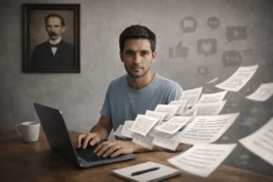 Hombre escribiendo en una laptop para publicar en internet desde Cuba, con textos saliendo hacia la cámara, un retrato de José Martí al fondo y redes sociales en segundo plano.