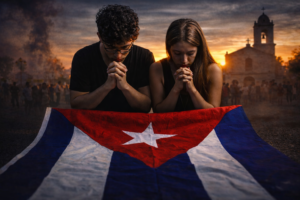 Joven pareja cubana orando con las manos unidas sobre la bandera de Cuba, frente a una iglesia al atardecer, como símbolo de fe, esperanza y conciencia cristiana en medio de la crisis.