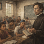 Ilustración de Félix Varela impartiendo clase en un aula humilde de Cuba, mirando con atención a jóvenes estudiantes mientras sostiene un libro abierto.