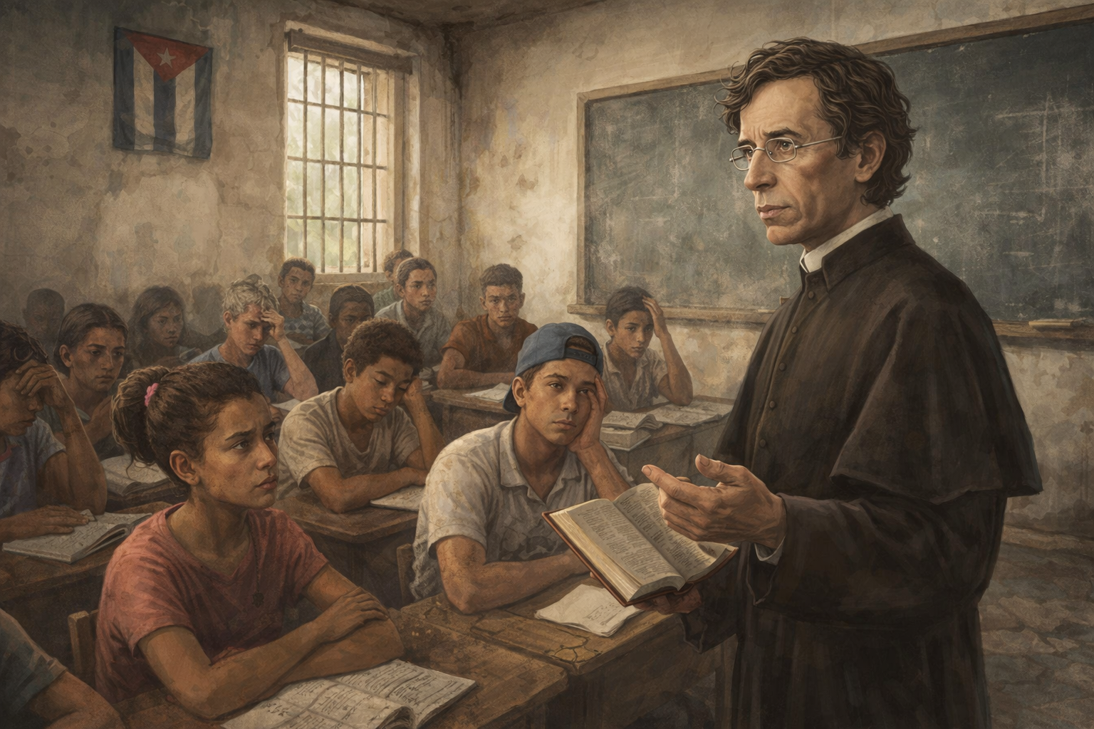 Ilustración de Félix Varela impartiendo clase en un aula humilde de Cuba, mirando con atención a jóvenes estudiantes mientras sostiene un libro abierto.