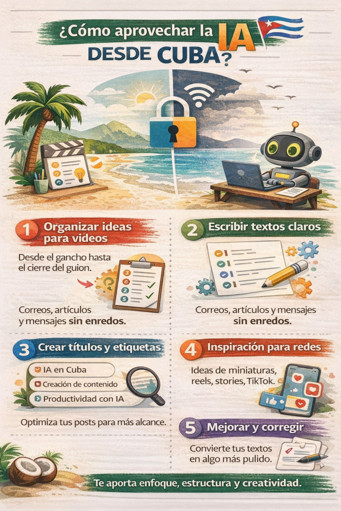 Infografía sobre cómo aprovechar la inteligencia artificial desde Cuba: organizar ideas para videos, escribir textos claros, crear títulos y etiquetas, generar inspiración para redes sociales y mejorar la redacción, usando herramientas de IA como apoyo para creadores de contenido, periodistas y emprendedores cubanos.