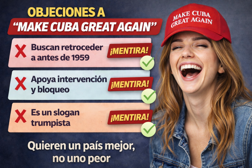 Infografía titulada “Objeciones a ‘Make Cuba Great Again’” que muestra tres críticas marcadas con una X roja y la etiqueta “¡MENTIRA!”, mientras a la derecha una joven sonriente con gorra roja que dice “MAKE CUBA GREAT AGAIN” ríe; al final se lee: “Quieren un país mejor, no uno peor”.