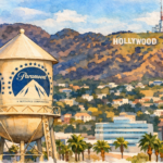 Ilustración en acuarela del icónico tanque de agua de Paramount en primer plano, con el letrero de Hollywood sobre las colinas al fondo. La escena muestra palmeras y edificios de Los Ángeles bajo un cielo azul suave con nubes difuminadas, pintado con pinceladas delicadas y tonos cálidos y naturales.