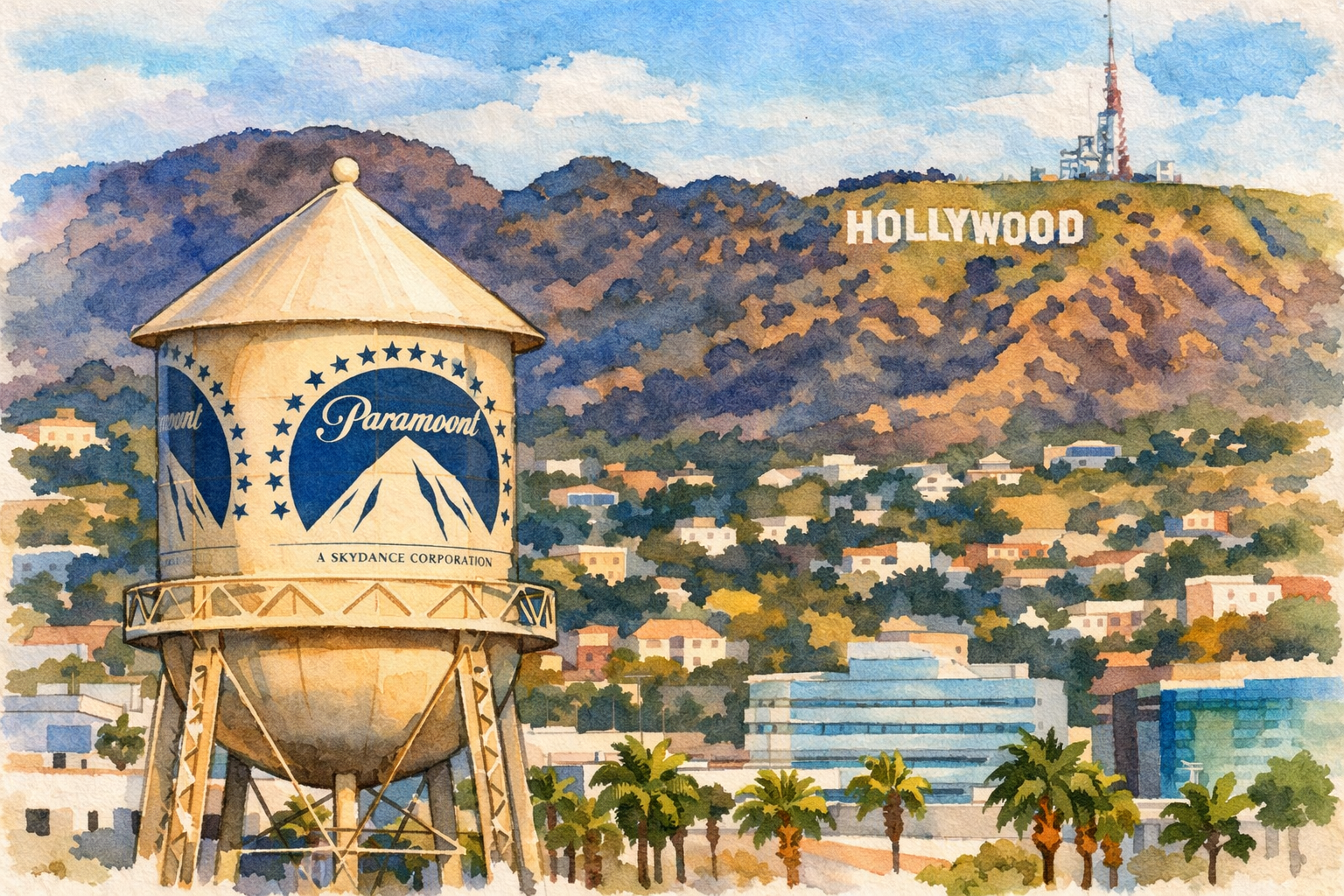 Ilustración en acuarela del icónico tanque de agua de Paramount en primer plano, con el letrero de Hollywood sobre las colinas al fondo. La escena muestra palmeras y edificios de Los Ángeles bajo un cielo azul suave con nubes difuminadas, pintado con pinceladas delicadas y tonos cálidos y naturales.