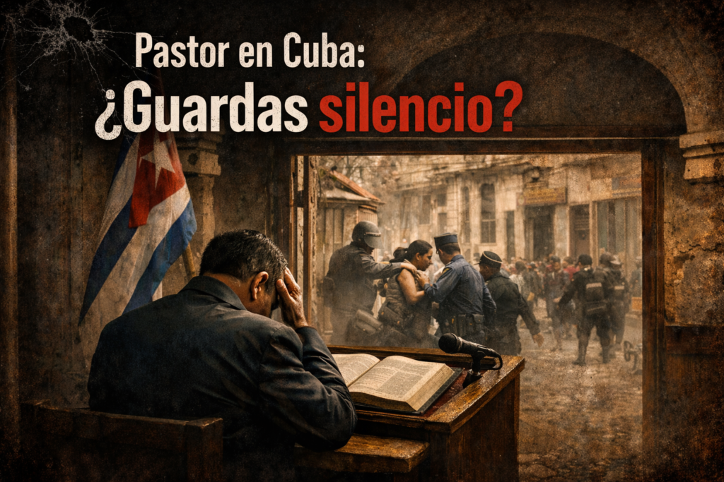 Pastor sentado en un púlpito dentro de una iglesia en Cuba, con la cabeza inclinada y la Biblia abierta frente a él, mientras observa por una ventana a policías deteniendo a un civil en una calle deteriorada; imagen simboliza el silencio pastoral ante la crisis social.