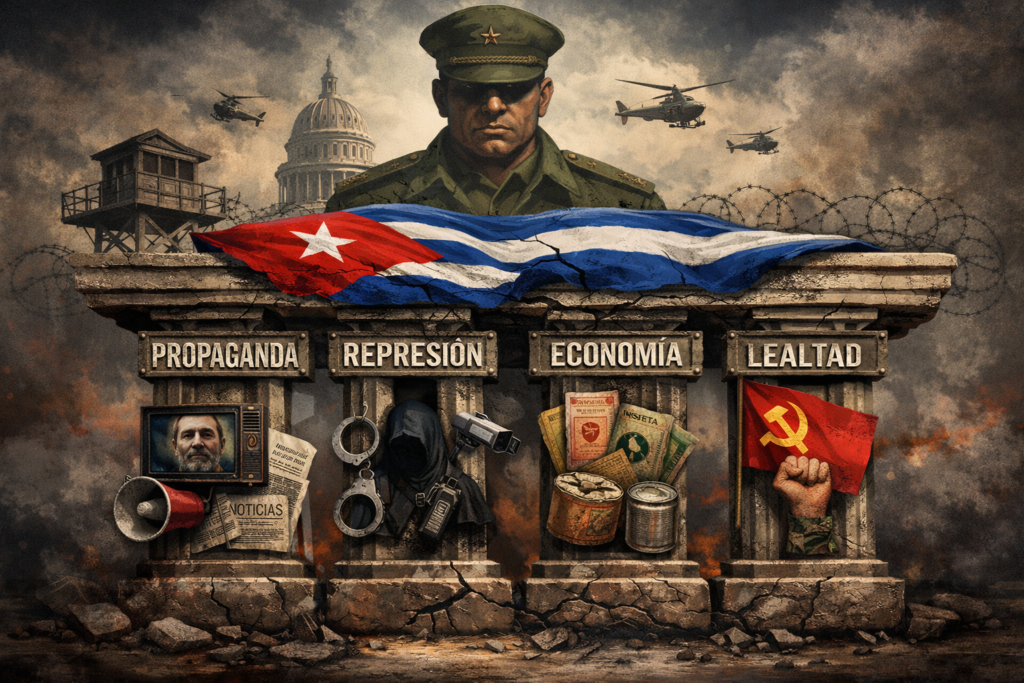 Ilustración digital de los pilares de la dictadura cubana representados como columnas rotas con propaganda, represión, economía y lealtad, bajo la sombra de un militar y la bandera de Cuba.