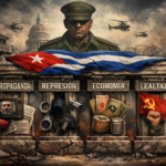 Ilustración digital de los pilares de la dictadura cubana representados como columnas rotas con propaganda, represión, economía y lealtad, bajo la sombra de un militar y la bandera de Cuba.
