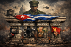 Ilustración digital de los pilares de la dictadura cubana representados como columnas rotas con propaganda, represión, economía y lealtad, bajo la sombra de un militar y la bandera de Cuba.