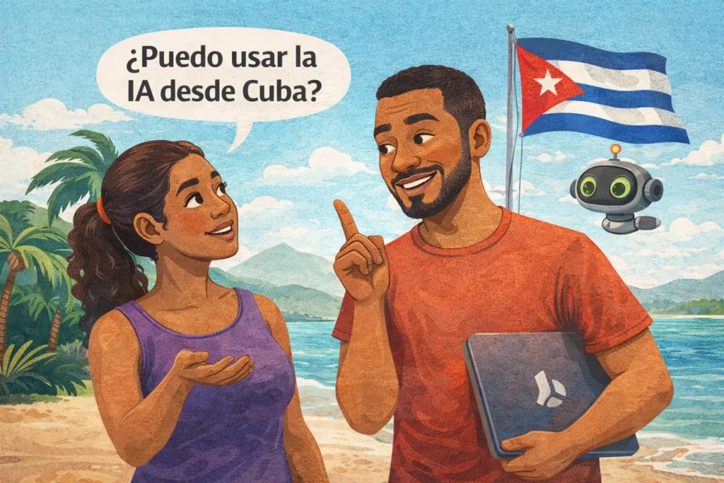 Ilustración de una mujer cubana preguntando a un hombre cubano si puede usar la inteligencia artificial desde Cuba, con una laptop, un asistente de IA y la bandera cubana al fondo, representando el acceso a la IA desde la isla.