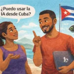 Ilustración de una mujer cubana preguntando a un hombre cubano si puede usar la inteligencia artificial desde Cuba, con una laptop, un asistente de IA y la bandera cubana al fondo, representando el acceso a la IA desde la isla.