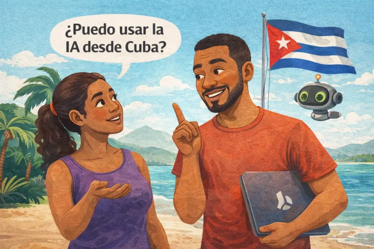 Ilustración de una mujer cubana preguntando a un hombre cubano si puede usar la inteligencia artificial desde Cuba, con una laptop, un asistente de IA y la bandera cubana al fondo, representando el acceso a la IA desde la isla.