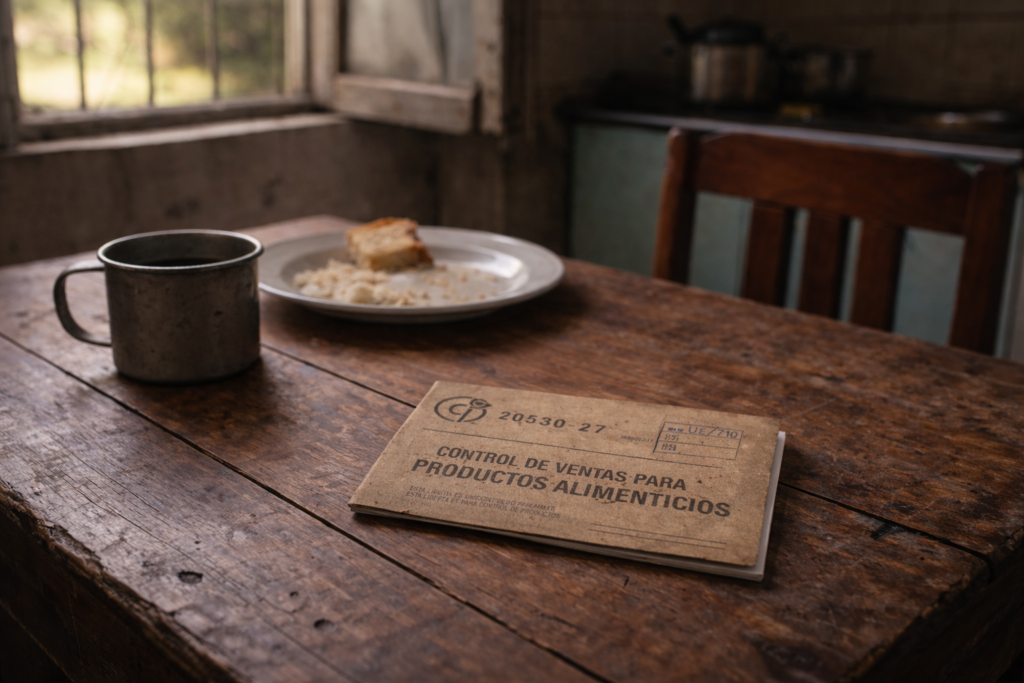 Libreta de abastecimiento cubana sobre una mesa de madera en una cocina humilde, junto a una taza de café y un plato casi vacío.