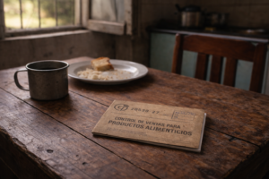 Libreta de abastecimiento cubana sobre una mesa de madera en una cocina humilde, junto a una taza de café y un plato casi vacío.