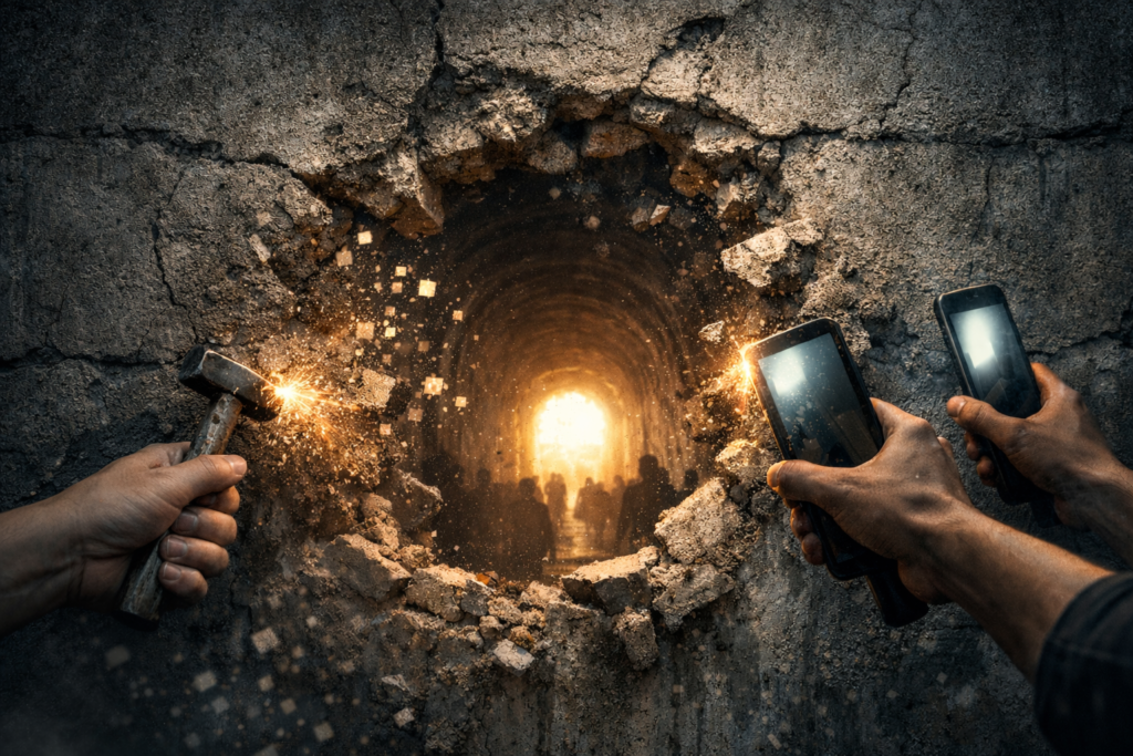 Resistencia digital en Cuba representada por personas usando teléfonos y un pequeño martillo para abrir un túnel en un muro de concreto, con luz al fondo.