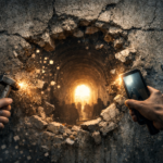 Resistencia digital en Cuba representada por personas usando teléfonos y un pequeño martillo para abrir un túnel en un muro de concreto, con luz al fondo.
