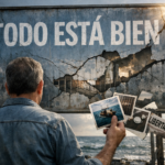 Hombre de espaldas frente a un cartel agrietado que dice “Todo está bien”, sosteniendo fotos de una balsa en el mar, una prisión y un cartel de libertad, simbolizando la negación de la realidad en Cuba.
