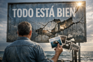 Hombre de espaldas frente a un cartel agrietado que dice “Todo está bien”, sosteniendo fotos de una balsa en el mar, una prisión y un cartel de libertad, simbolizando la negación de la realidad en Cuba.