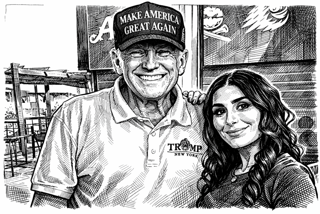 Ilustración en blanco y negro estilo plumilla de Donald Trump junto a Laura Loomer. Trump aparece sonriendo y lleva una gorra con el lema “Make America Great Again” y una camiseta tipo polo, mientras Laura Loomer posa a su lado con el cabello largo y ondulado. El dibujo utiliza líneas finas y sombreado con técnica de rayado y tramado cruzado para dar profundidad y contraste al retrato.