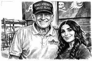 Ilustración en blanco y negro estilo plumilla de Donald Trump junto a Laura Loomer. Trump aparece sonriendo y lleva una gorra con el lema “Make America Great Again” y una camiseta tipo polo, mientras Laura Loomer posa a su lado con el cabello largo y ondulado. El dibujo utiliza líneas finas y sombreado con técnica de rayado y tramado cruzado para dar profundidad y contraste al retrato.