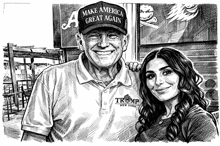 Ilustración en blanco y negro estilo plumilla de Donald Trump junto a Laura Loomer. Trump aparece sonriendo y lleva una gorra con el lema “Make America Great Again” y una camiseta tipo polo, mientras Laura Loomer posa a su lado con el cabello largo y ondulado. El dibujo utiliza líneas finas y sombreado con técnica de rayado y tramado cruzado para dar profundidad y contraste al retrato.