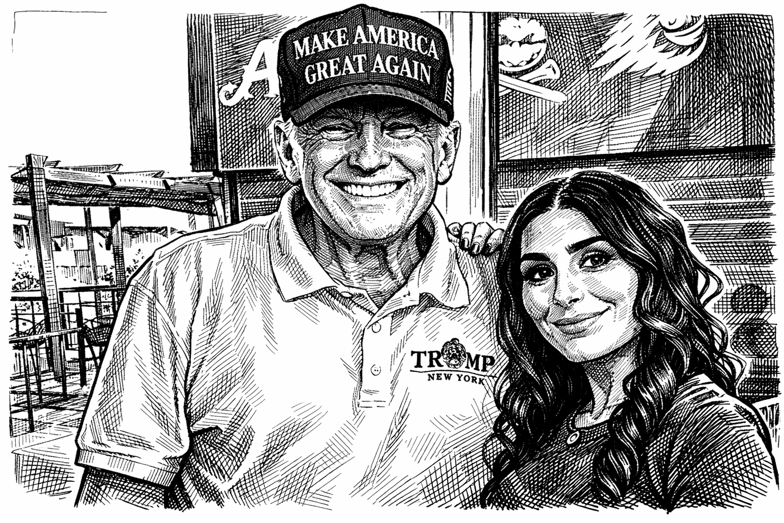 Ilustración en blanco y negro estilo plumilla de Donald Trump junto a Laura Loomer. Trump aparece sonriendo y lleva una gorra con el lema “Make America Great Again” y una camiseta tipo polo, mientras Laura Loomer posa a su lado con el cabello largo y ondulado. El dibujo utiliza líneas finas y sombreado con técnica de rayado y tramado cruzado para dar profundidad y contraste al retrato.