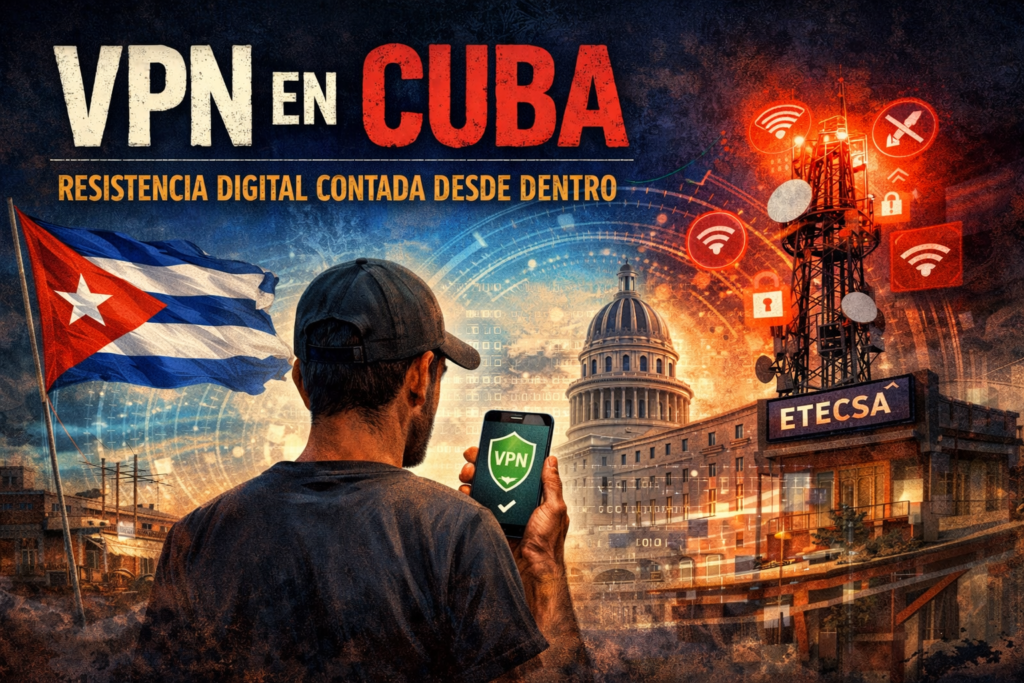 VPN en Cuba: resistencia digital contada desde dentro 6 Ilustración sobre el uso de VPN en Cuba para evadir la censura digital de ETECSA y acceder a internet libre.
