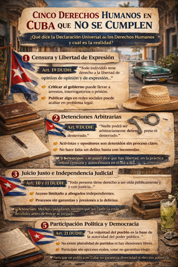 Infografía sobre cinco derechos humanos vulnerados en Cuba, con artículos de la Declaración Universal y ejemplos de censura, detenciones, juicios injustos y falta de participación política