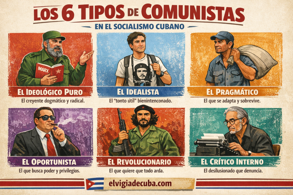 Infografía de los 6 tipos de comunistas en Cuba: ideológico puro, idealista (tonto útil), pragmático, oportunista, revolucionario y crítico interno, con ilustraciones y resumen de cada perfil.