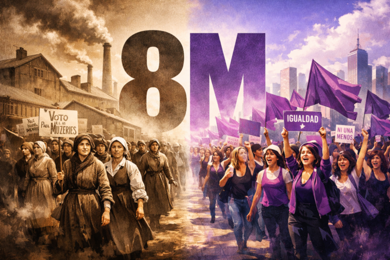 Ilustración del 8M que muestra el contraste entre mujeres obreras protestando frente a fábricas a principios del siglo XX y una marcha feminista moderna con banderas moradas en una ciudad.