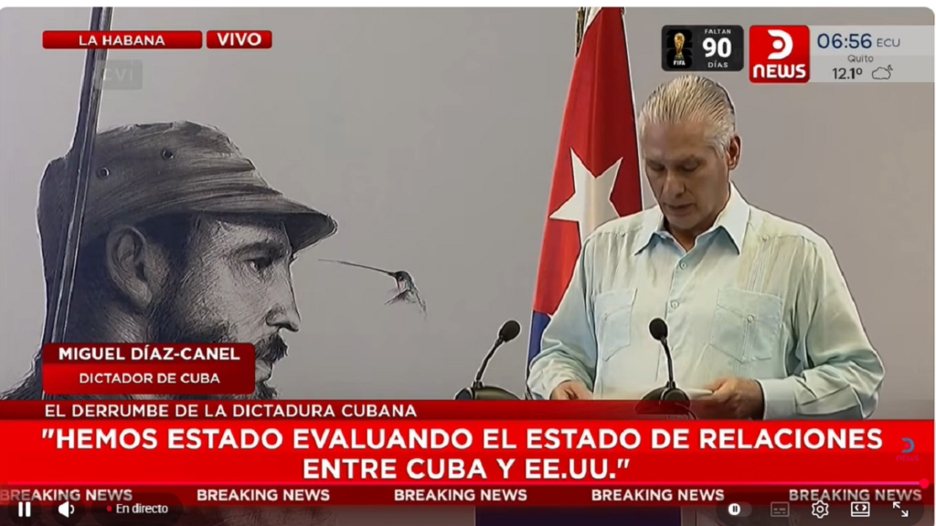 En la foto, Díaz-Canel habla por radio y tv