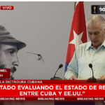 En la foto, Díaz-Canel habla por radio y tv