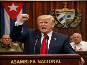 En la foto, una imagen de IA de Trump en la Asamblea Nacional